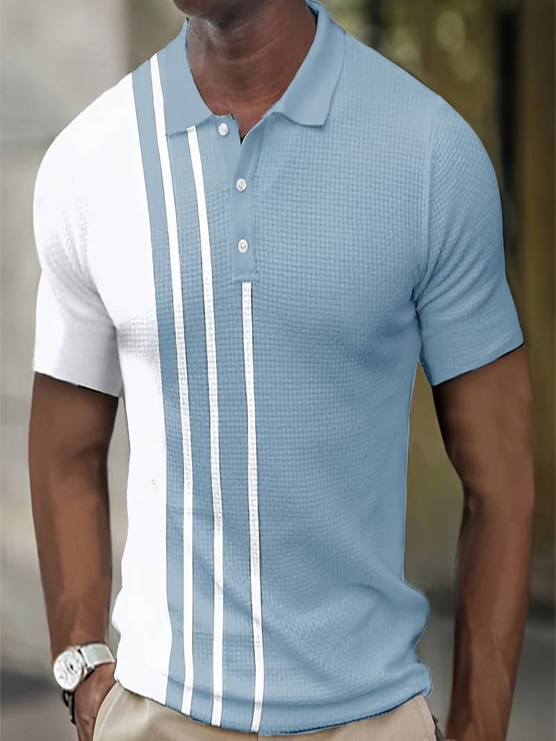 Men's Striped Polo Shirt With Classic Collar Short Sleeves Breathable Lightweight Two Tone Black White