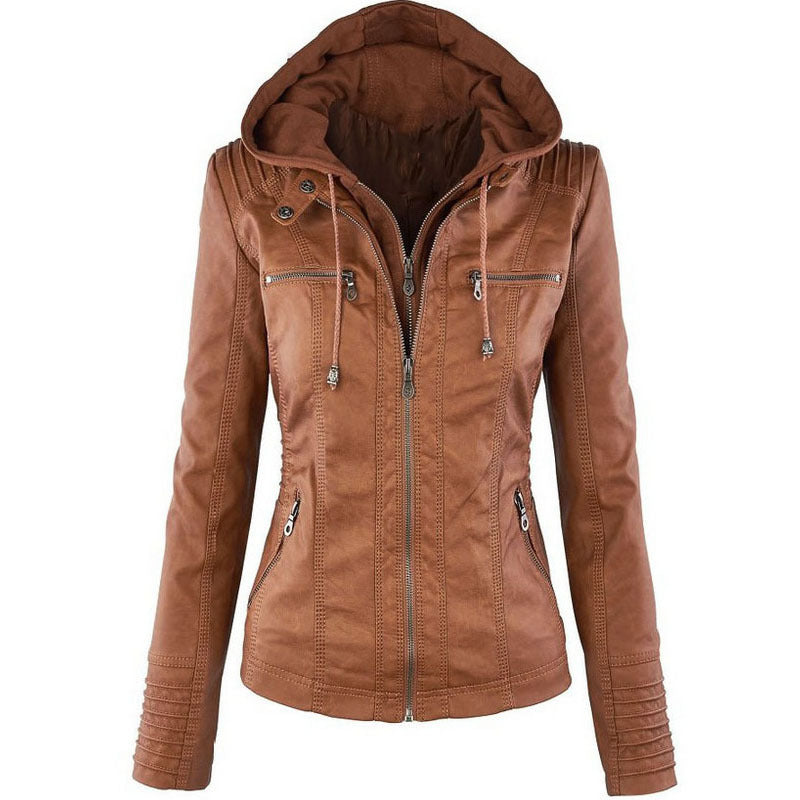 TrendAura Womens Faux Leather Jacket With Removable Hood Modern Fit For Women Versatile Everyday Essential