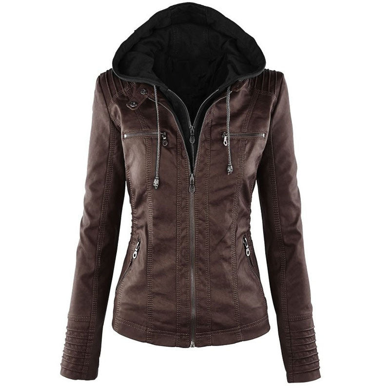 TrendAura Womens Faux Leather Jacket With Removable Hood Modern Fit For Women Versatile Everyday Essential