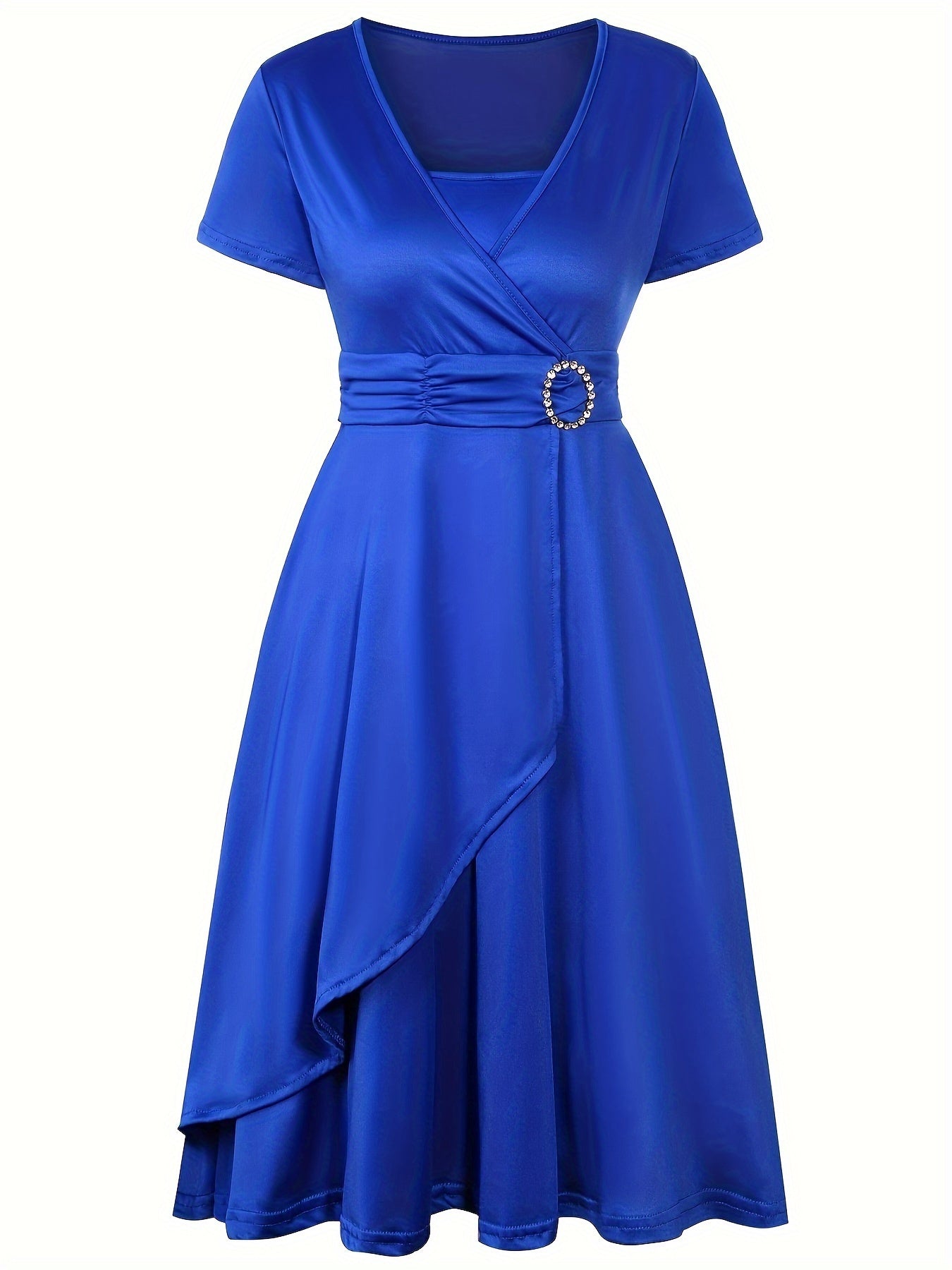 Women's Dress - Wrap Design with V-Neck - Short Sleeves - Elegant Waist Detail