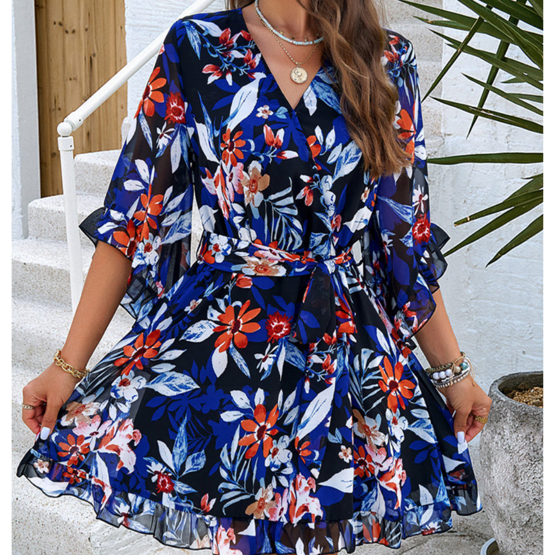 Women's Flower V Neck Bell Sleeve Dress | Mini