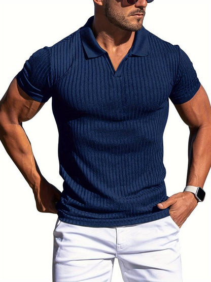Mens Ribbed Knit Polo Shirt Slim Fit Short Sleeve Casual Stylish Comfortable Everyday Wear