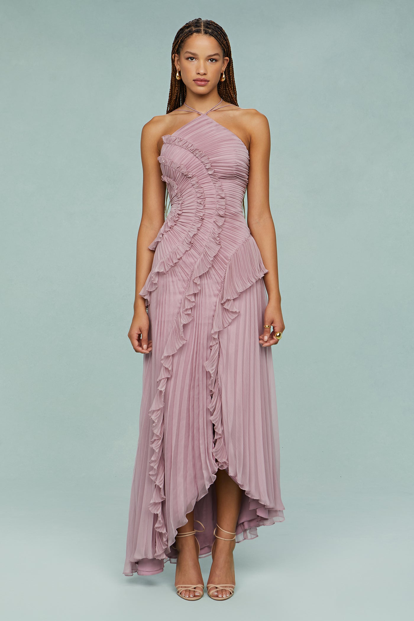 Women's Halter Dress with Adjustable Neckline and Flowing Skirt