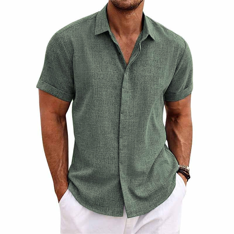 Men's Short Sleeve Linen Cotton Blend Shirt Button Closure Breathable Lightweight Casual Everyday Wear