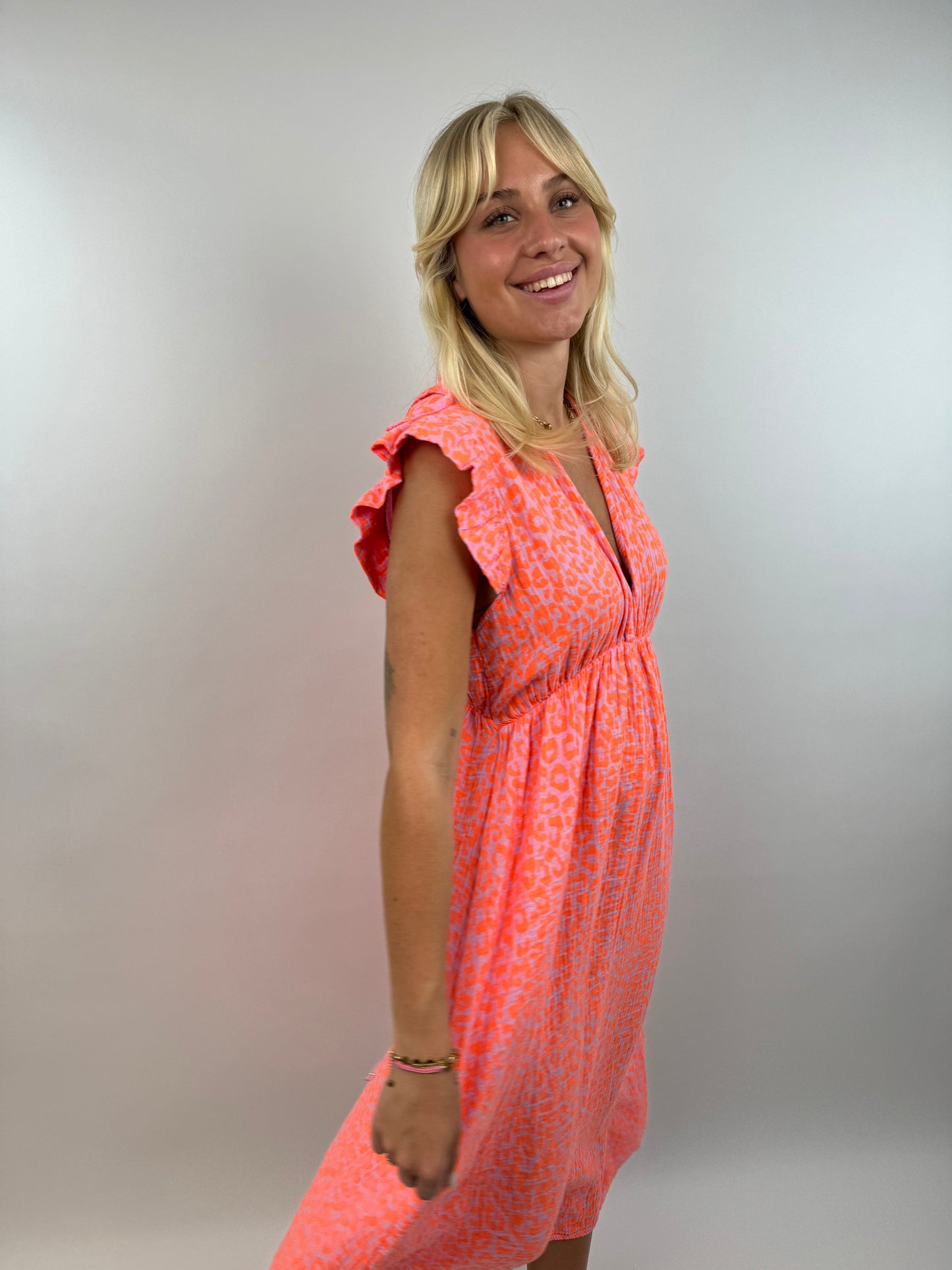 Isha Muslin Dress For Women Neon Wild Color With Light Ruffle Sleeves And Flowing Silhouette
