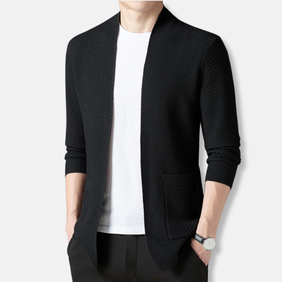Men's Knit Cardigan Open Front Textured Waffle Pattern Relaxed Fit Hip Length Ideal For Fall Wardrobe