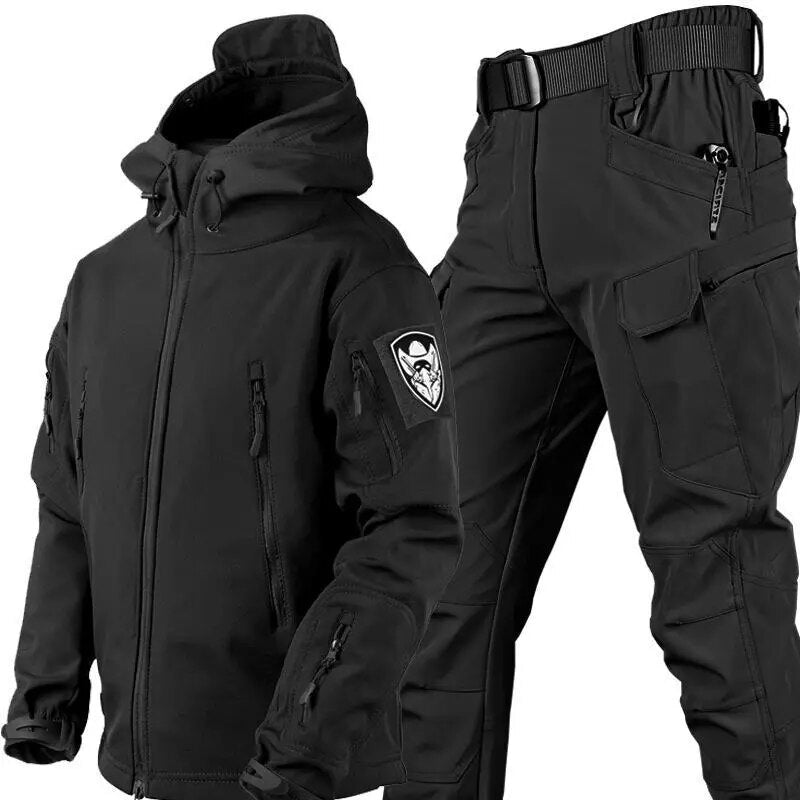 Men's Two Piece Outdoor Suit With Windproof Softshell Jacket And Pants Adjustable Fit And Utility Pockets