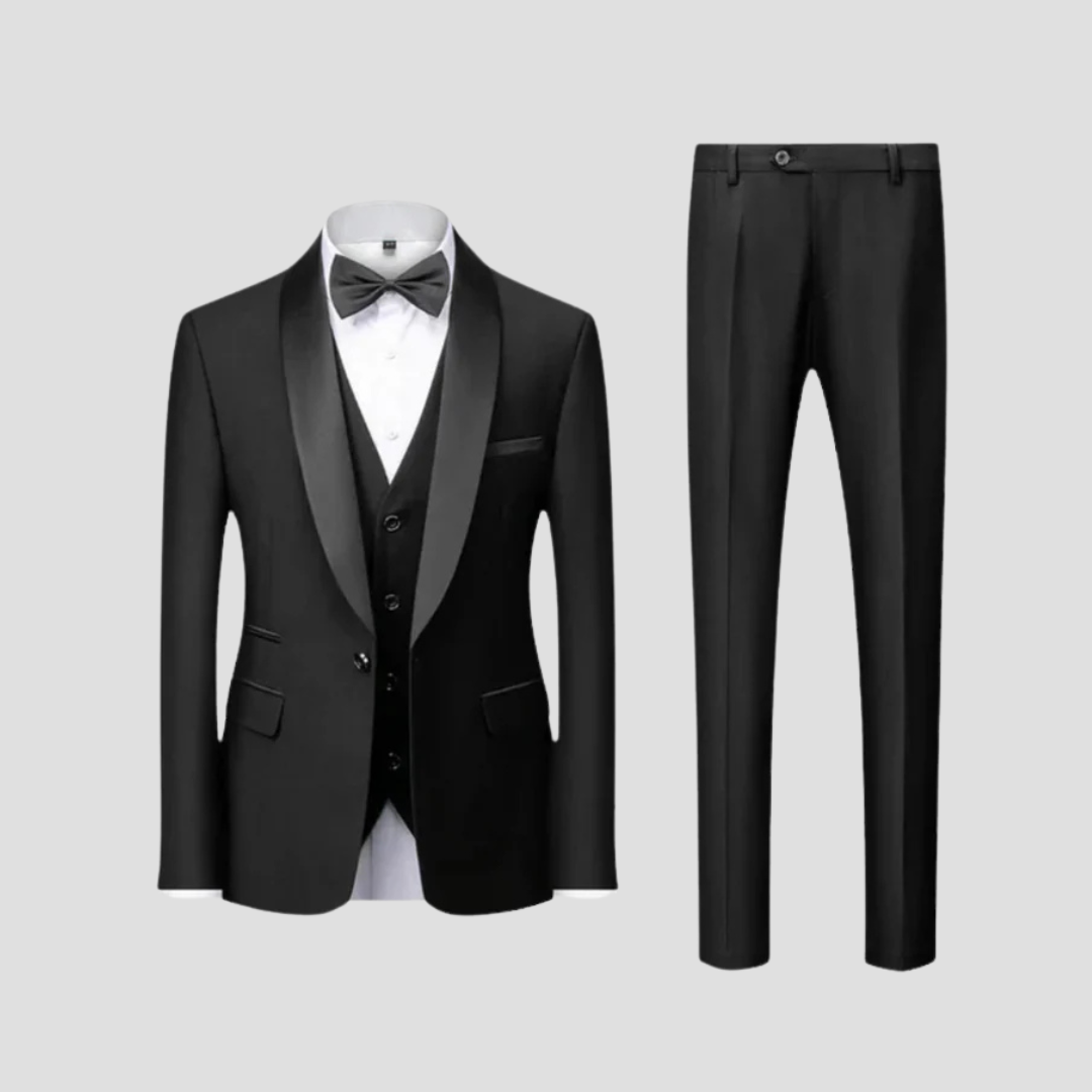 Mens Classic Tailored Three Piece Suit With Satin Lapels For Formal Events And Weddings