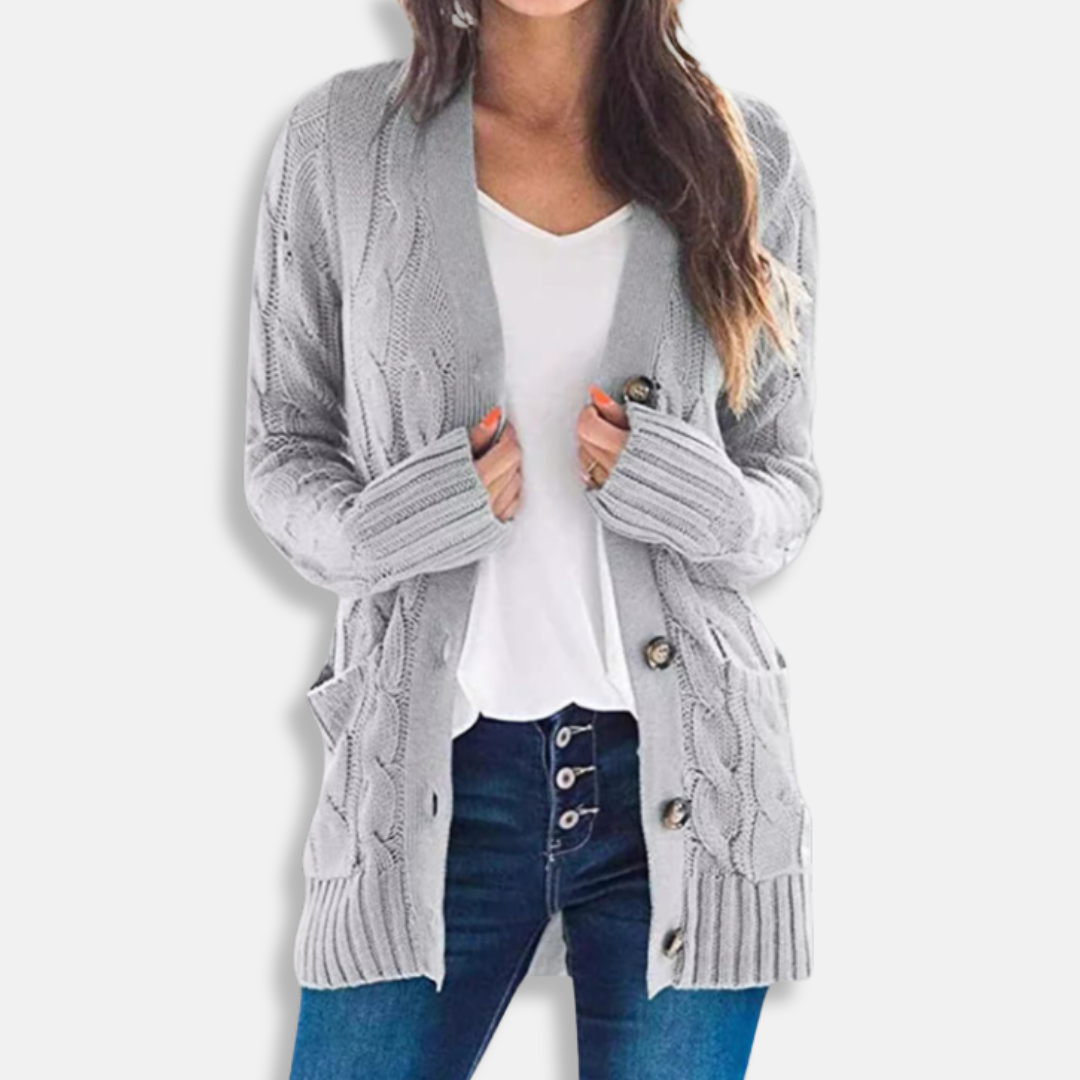 Women’s Cardigan Sweater – Chunky Cable Knit – Relaxed Fit – Button Front – Patch Pockets
