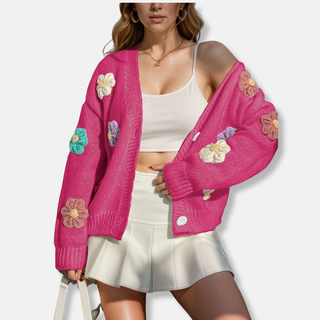 Women’s Knitted Cardigan – Oversized Fit – Wool Blend – Handmade Floral Accents – Button Front
