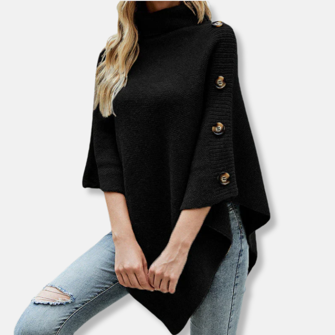 Women’s Poncho – Knitted Fabric – High Neck – Oversized Fit – Asymmetrical Hem
