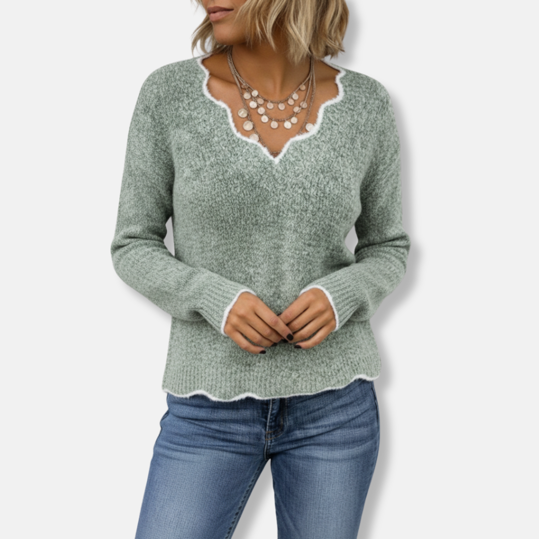 Women’s Sweater – Relaxed Fit – Wool Knit – Scalloped Neckline – Soft Casual Pullover