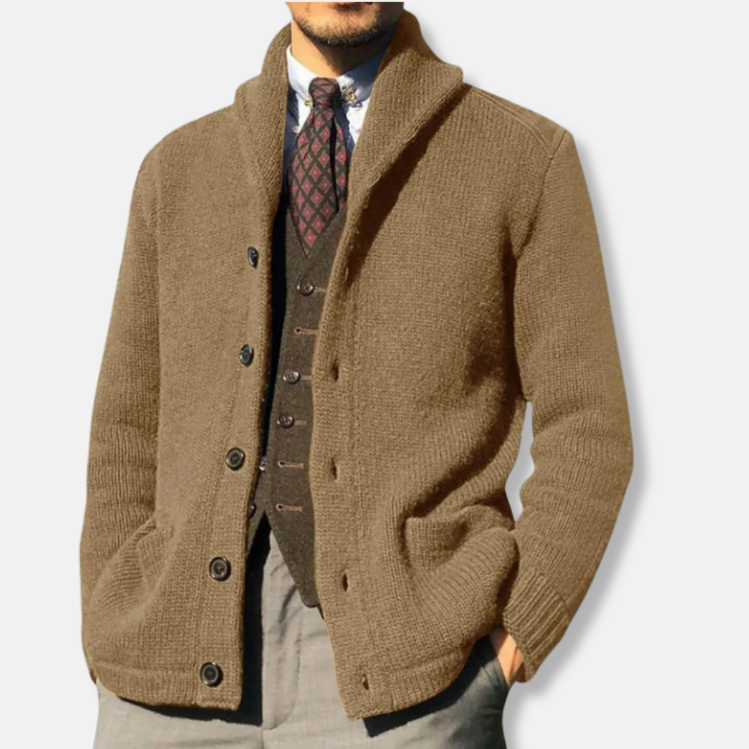 Mens Cardigan Wool Knit Regular Fit With Shawl Collar Button Front Ribbed Cuffs Design