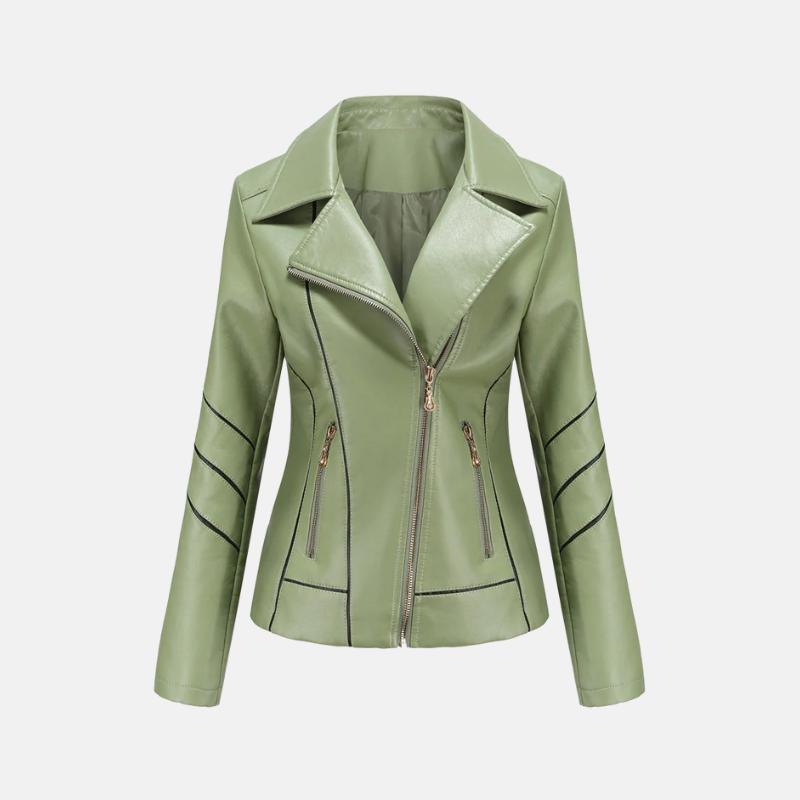 Women’s Motorcycle Jacket – Slim Fit Faux Leather – Asymmetrical Zip – Quilted Sleeves – Cropped
