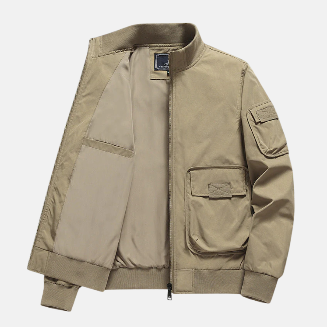 Men's Navy Bomber Jacket With Relaxed Fit, Wind-Resistant, Full Zip, Patch Pockets By TrendAura