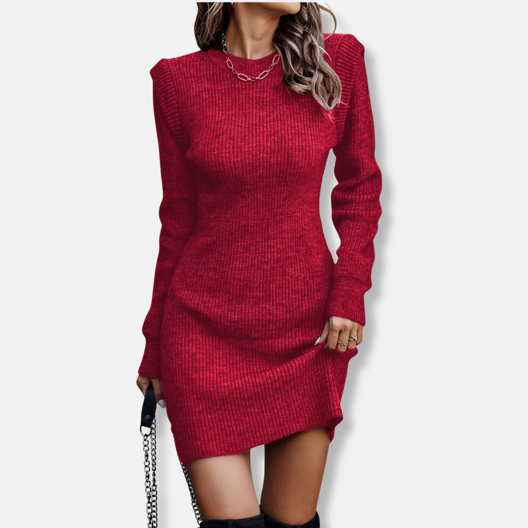 Women’s Dress - Ribbed Knit - Slim Fit - Long Sleeve Puff Shoulders - Mini Length
