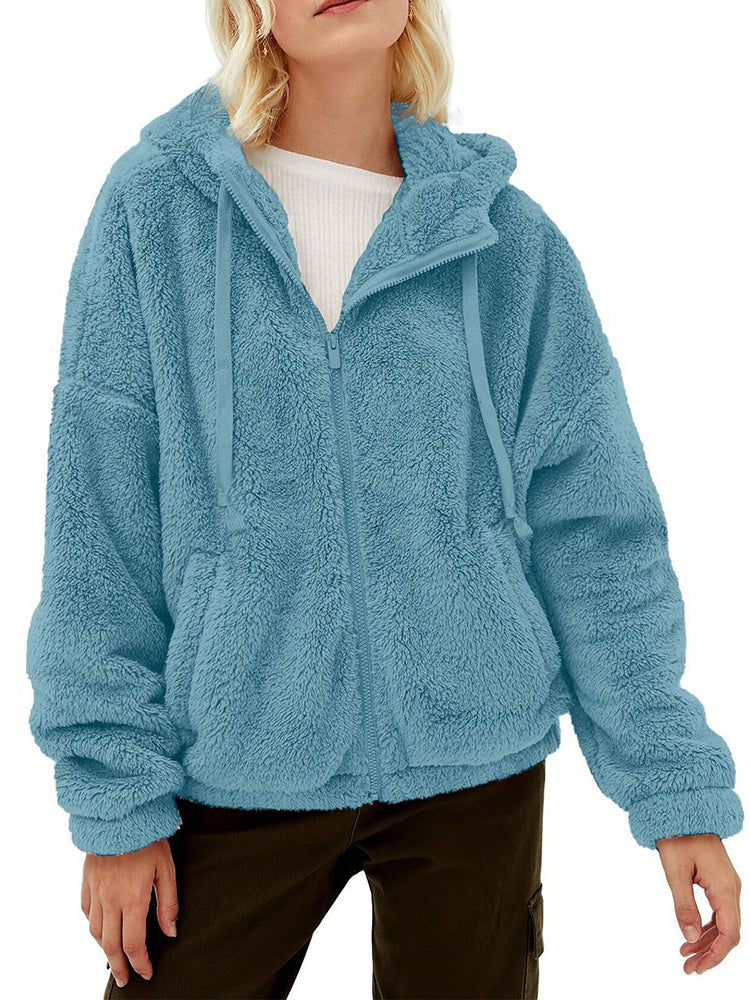 Oversized Sherpa Fleece Hoodie With Full Zip Closure For Women Cozy Warmth And Slanted Front Pockets