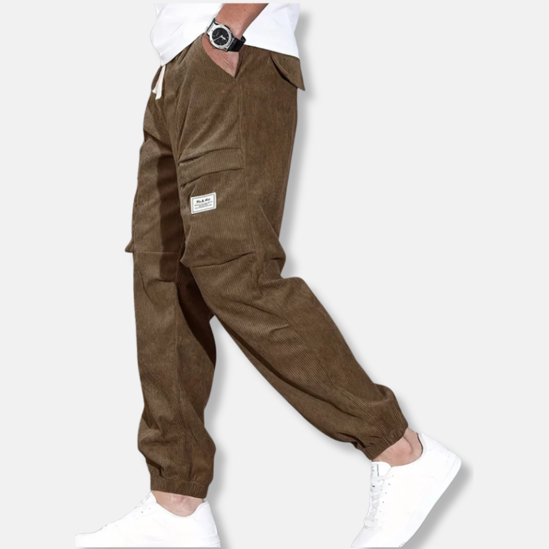 TrendAura Mens Corduroy Pants Loose Fit With Tapered Leg Adjustable Waist And Elastic Cuff