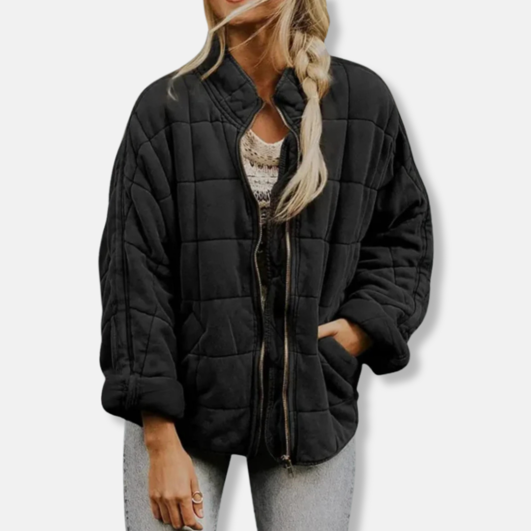 Women’s Quilted Coat – Oversized Relaxed Fit – Stand Collar – Full Zip – Hip Length