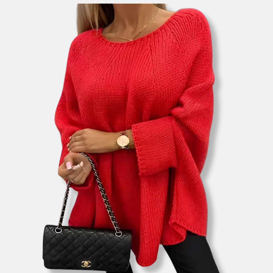Women’s Sweater - Chunky Knit - Oversized Fit - Tunic Length - Round Neck - Batwing Sleeves
