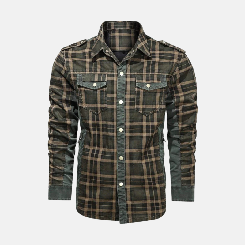 Men’s Woven Plaid Shirt Jacket Hip Length With Pointed Collar For Smart Casual Layering