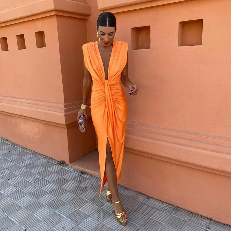 Women's Evening Dress - Elegant Twist-Knot Design - V-Neck - Slit - Festive & Stylish
