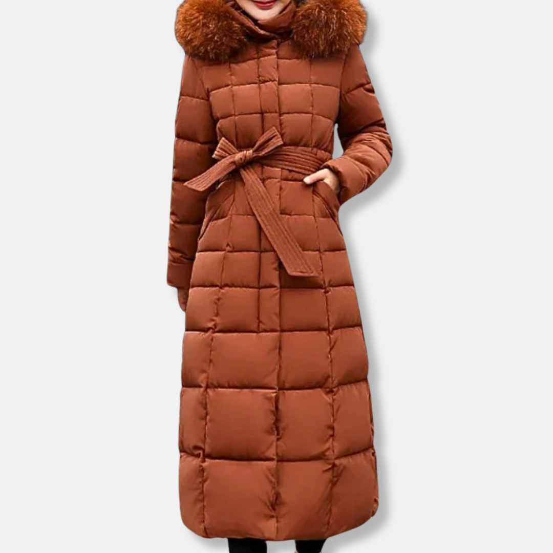 Women’s Quilted Coat – Belted Waist – Fur Hood – Long Insulated Slim Fit