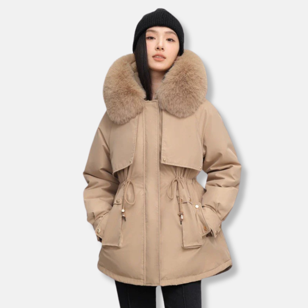 Women’s Parka Jacket – Weather-Resistant – Drawstring Waist – Faux Fur Collar – Mid-Thigh