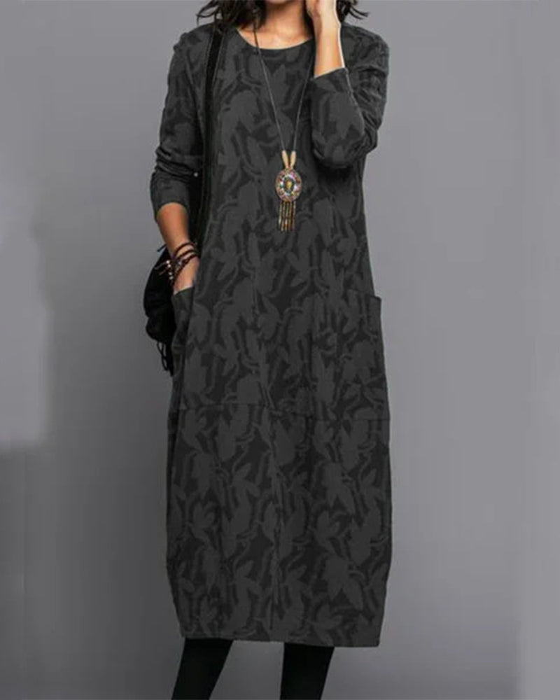 Women's Casual Long Sleeve Midi Dress with Pockets – Elegant Everyday Look for Autumn and Winter