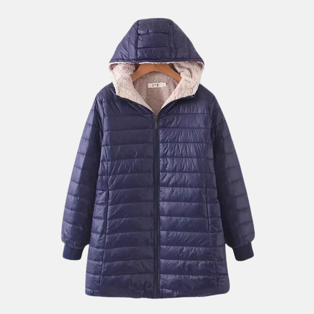 Women’s Quilted Coat – Mid-Length – Hooded – Fleece Lined – Ribbed Cuffs – Insulated