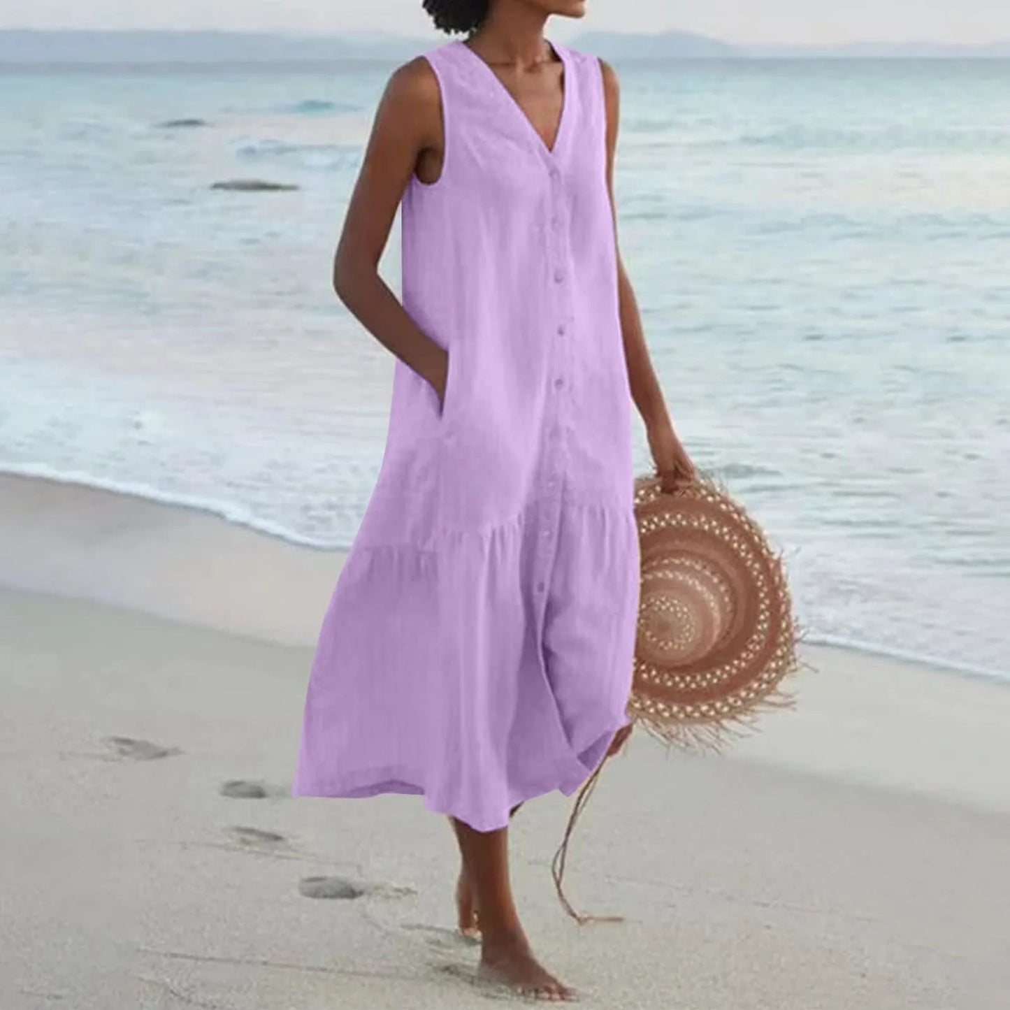 Elegant linen dress with V-neck – Elara