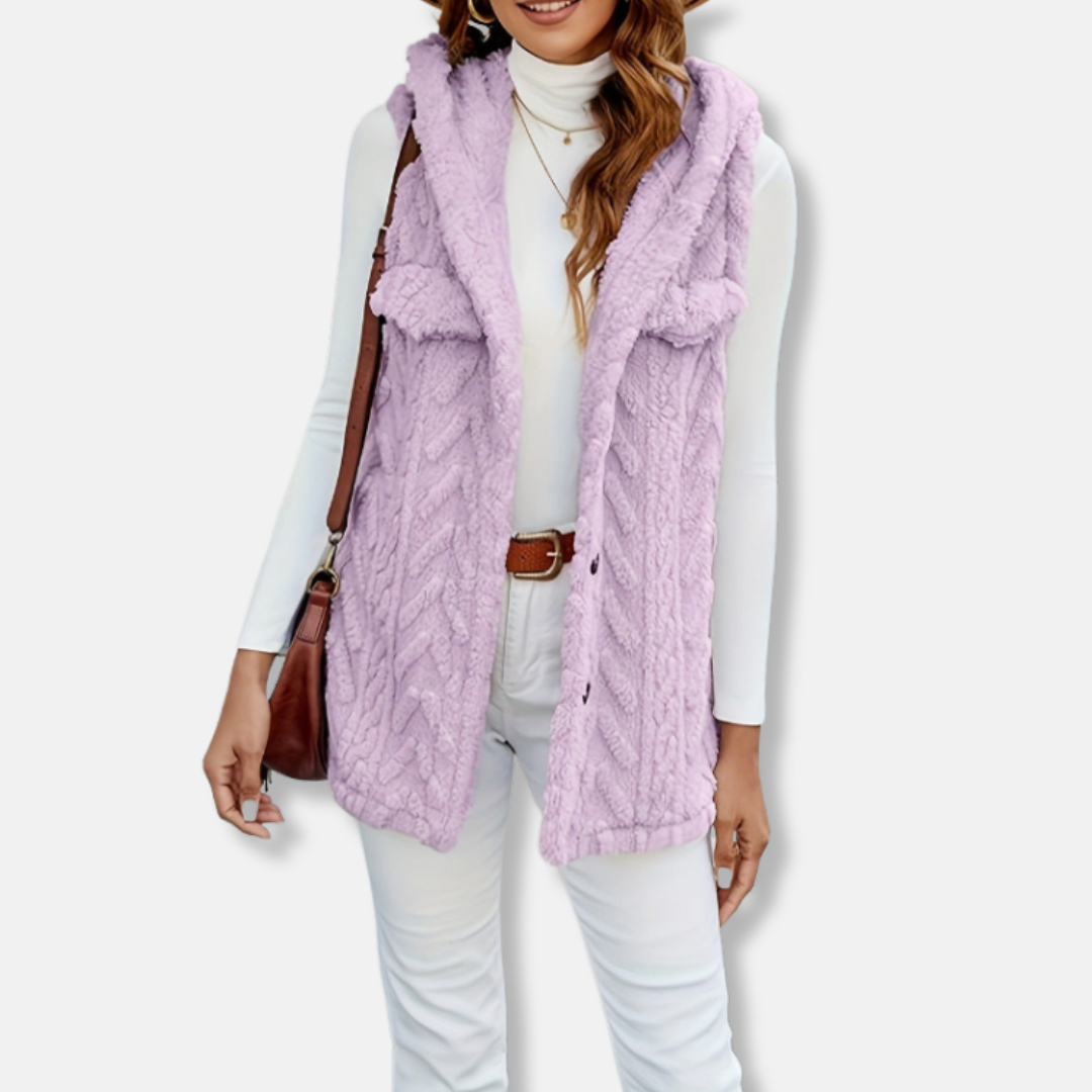 Women’s Hooded Vest – Cable Knit – Fuzzy Texture – Button Front – Relaxed Fit – Pockets