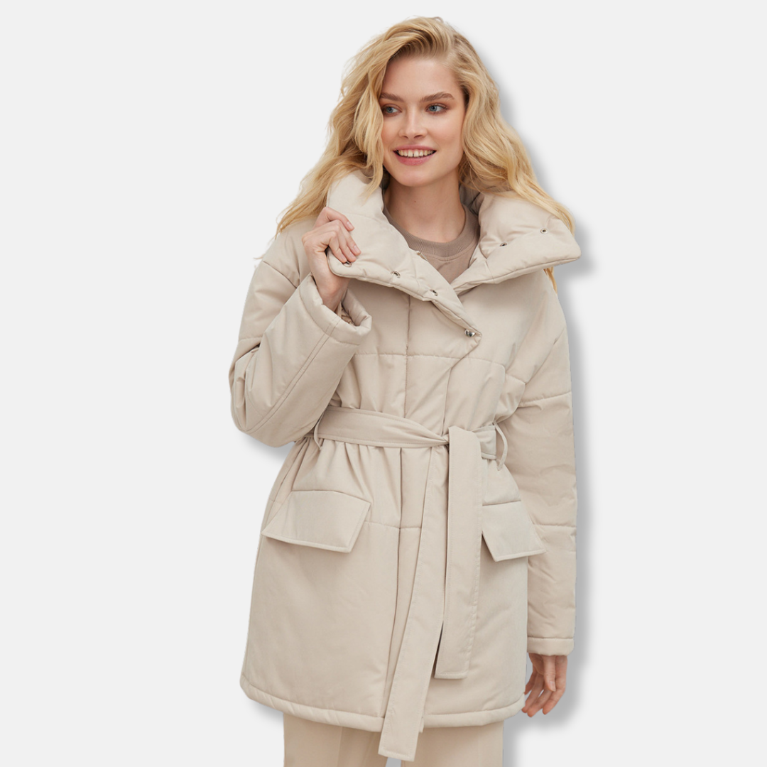 Women’s Jacket - Oversized Fit - High Stand Collar - Belted Waist