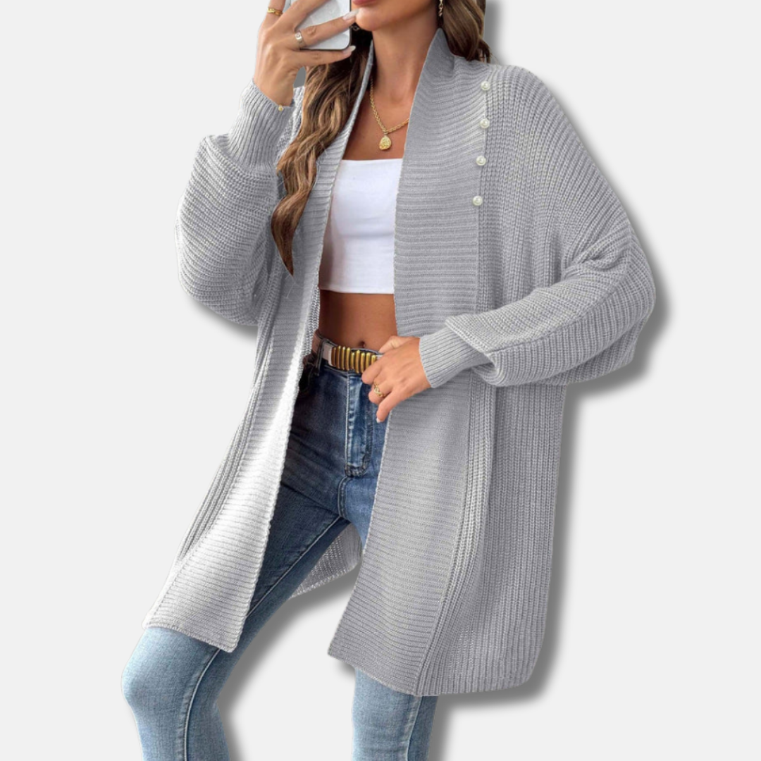 Women’s Cardigan - Acrylic Knit - Longline - Shawl Collar - Pearl Buttons