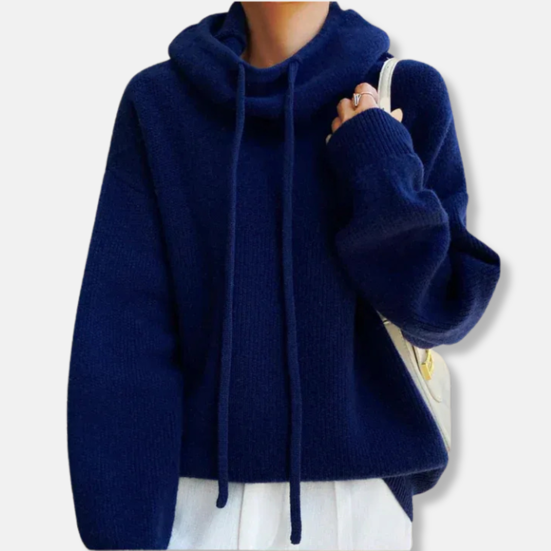 Women’s Knitted Sweatshirt – Oversized Relaxed Fit – Soft Knit – Cowl Neck with Drawstring