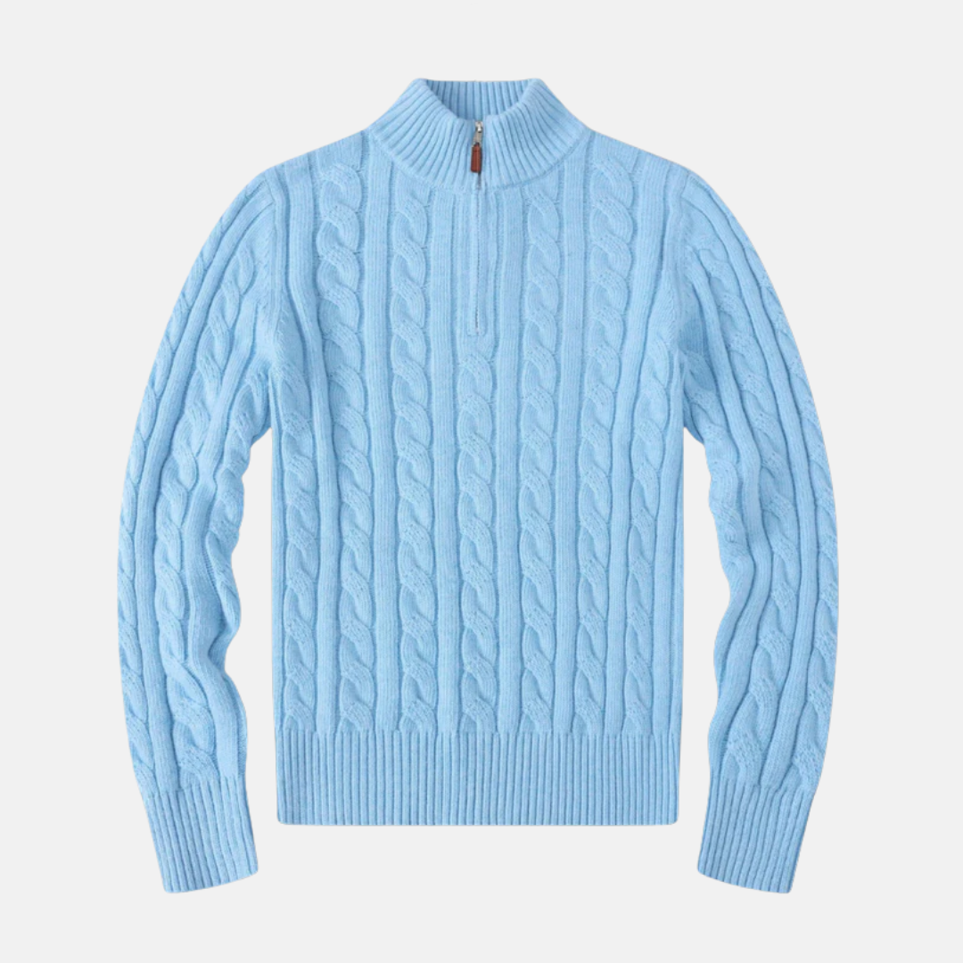 Men's Cable Knit Cotton Blend Half Zip Sweater With Stand Up Collar Regular Fit Essential