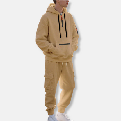 Men's Tracksuit Set With Relaxed Fit Half Zip Hoodie And Cargo Joggers With Drawstring Waist