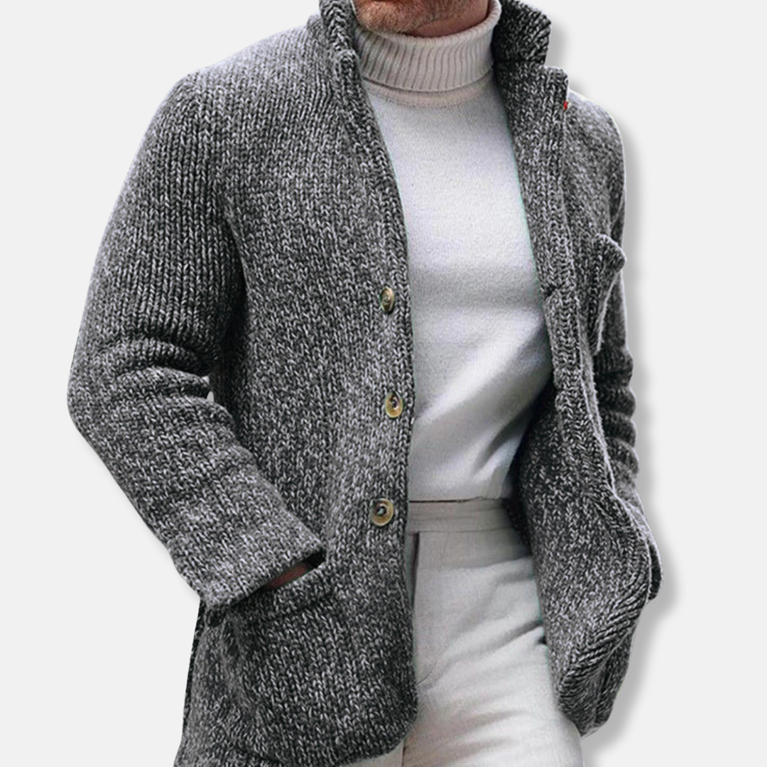 Men's Textured Knit Cardigan With Stand Collar Single Breasted And Patch Pockets For Smart Casual Wear By TrendAura