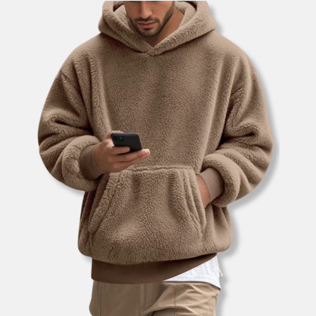 Men's Fleece Hoodie with Hooded V-Neck, Kangaroo Pocket, Hip Length, Relaxed Fit for Casual Comfort