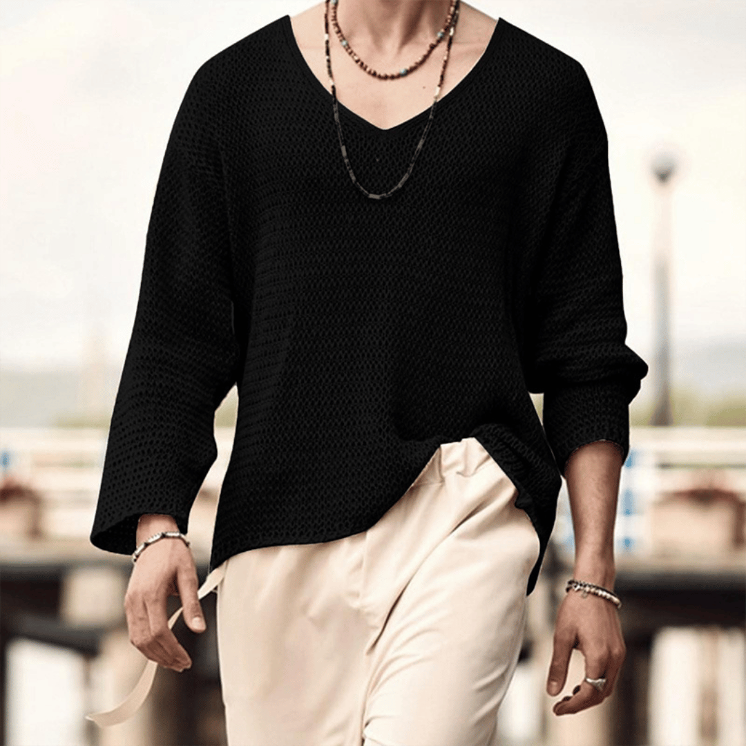 TrendAura Mens Relaxed Knit Sweater With Deep V Neck Breathable Textured Knit Beige Casual To Evening Wear