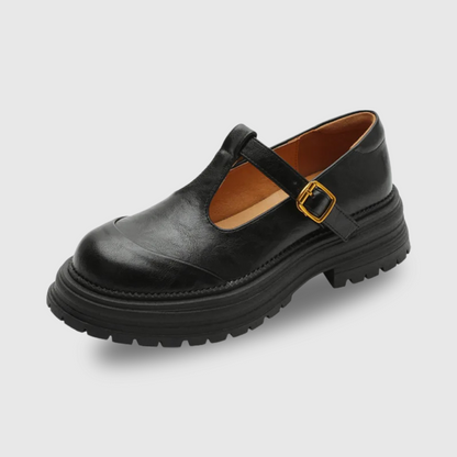 Women's T-Bar Brogue Shoes with Round Toe and Low Heel