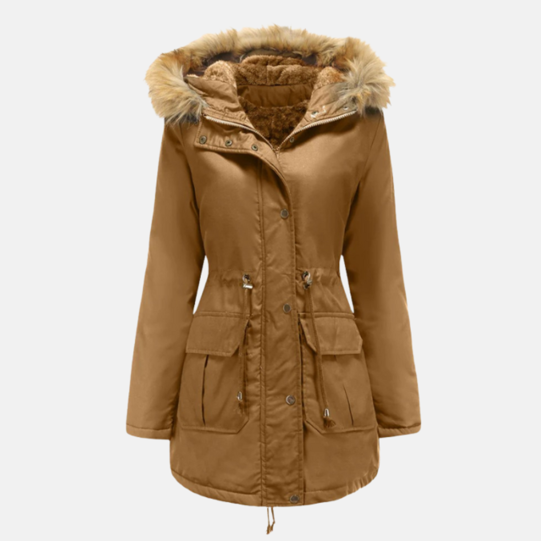 Women’s Parka Jacket – Fleece Lined – Faux Fur Hood – Adjustable Waist – Mid-Thigh Length