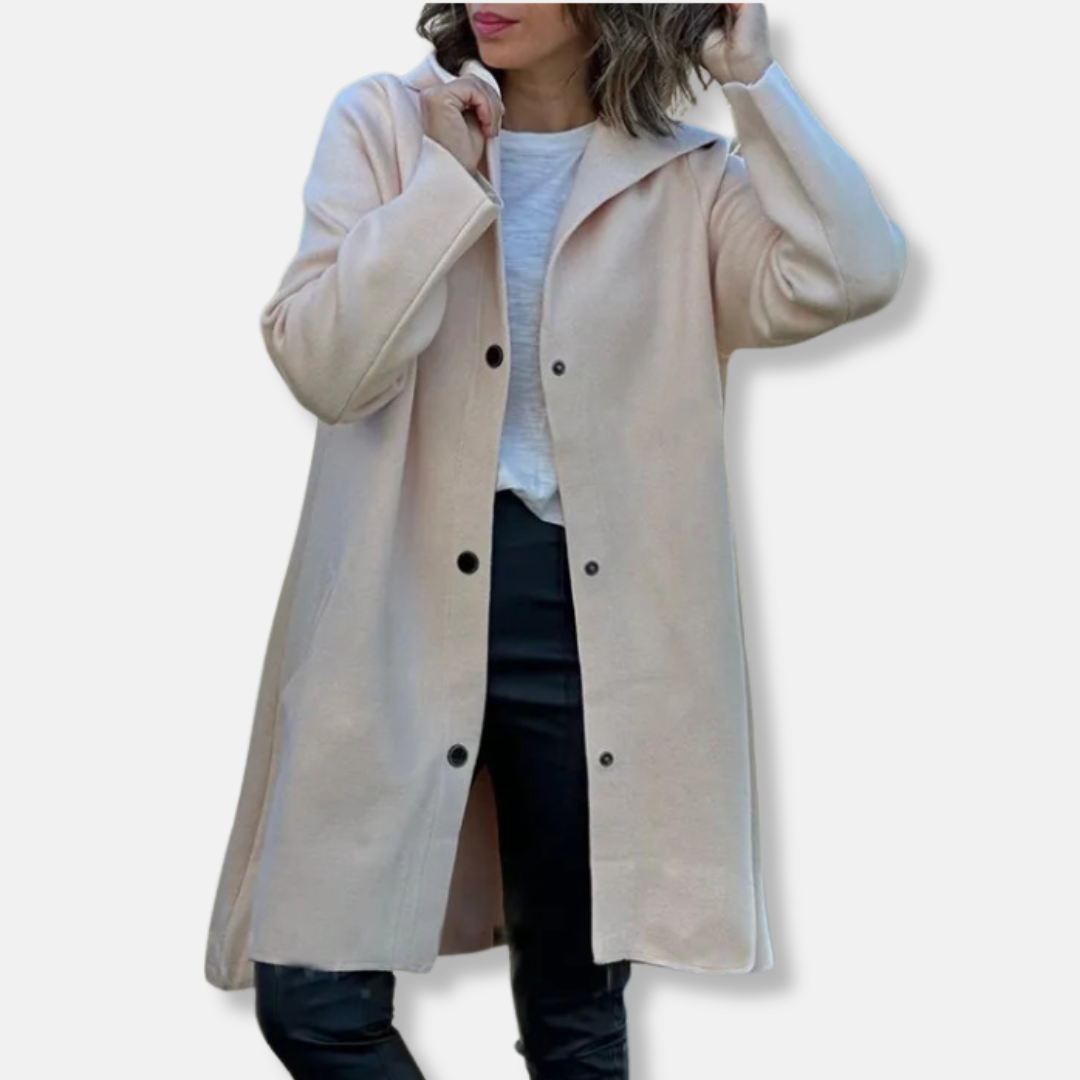 Women’s Coat - Wool - Hooded Neckline - Snap Button Closure - Mid-Thigh Length