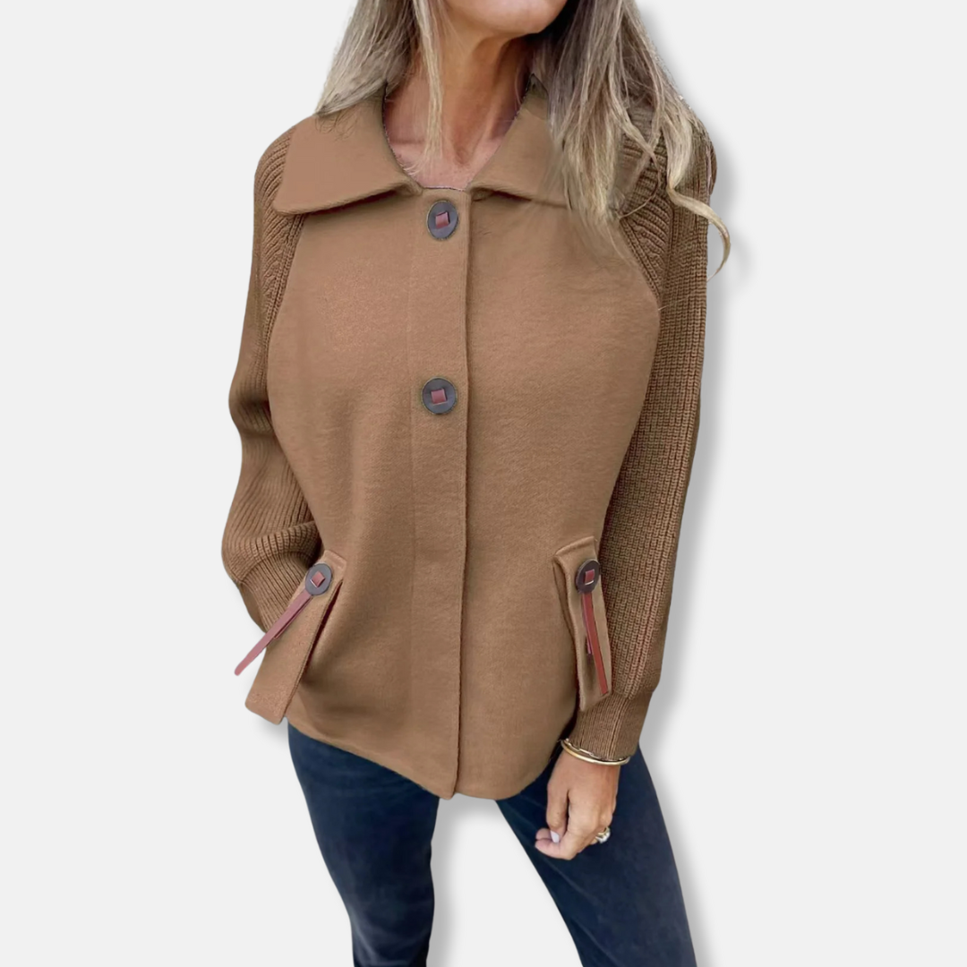 Women’s Jacket – Relaxed Fit – Textured Knit Sleeves – Lapel Collar – Button Front