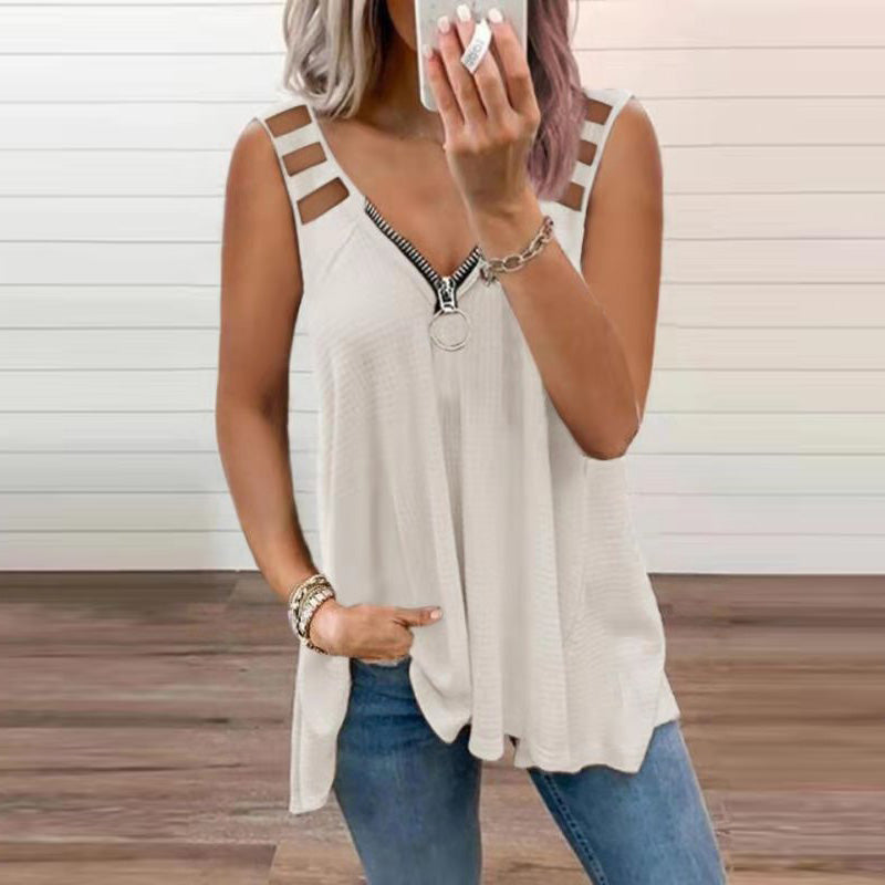 Lavinia Sleeveless Blouse For Women With Shoulder Cutouts And Crossed Straps Soft Textured Fabric All Day Comfort