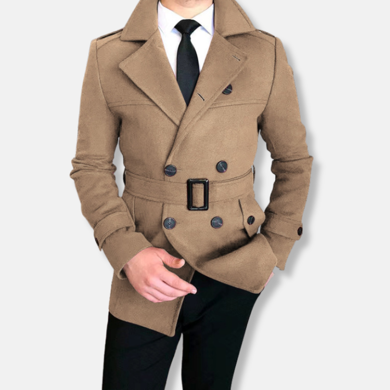 Nordisk Flair Mens Short Wool Blend Double Breasted Belted Jacket Tailored Fit Burgundy