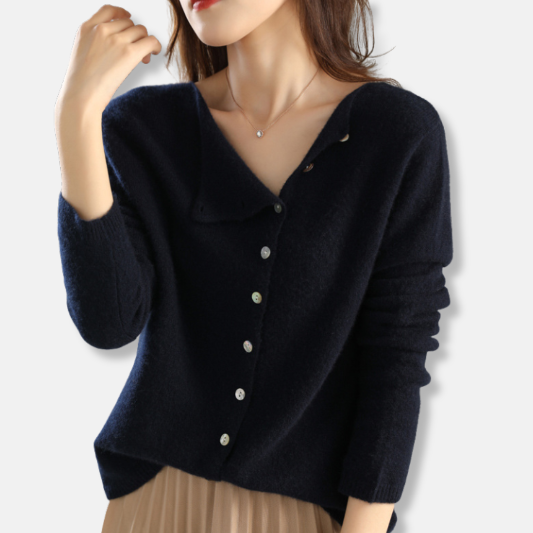 Women’s Cardigan - Knit - Relaxed Fit - Asymmetrical Neckline - Ribbed Cuffs