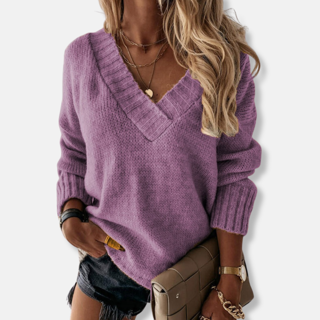 Women’s Knit Sweatshirt – Relaxed Fit – Deep V-Neck – Ribbed Hem – Long Sleeve