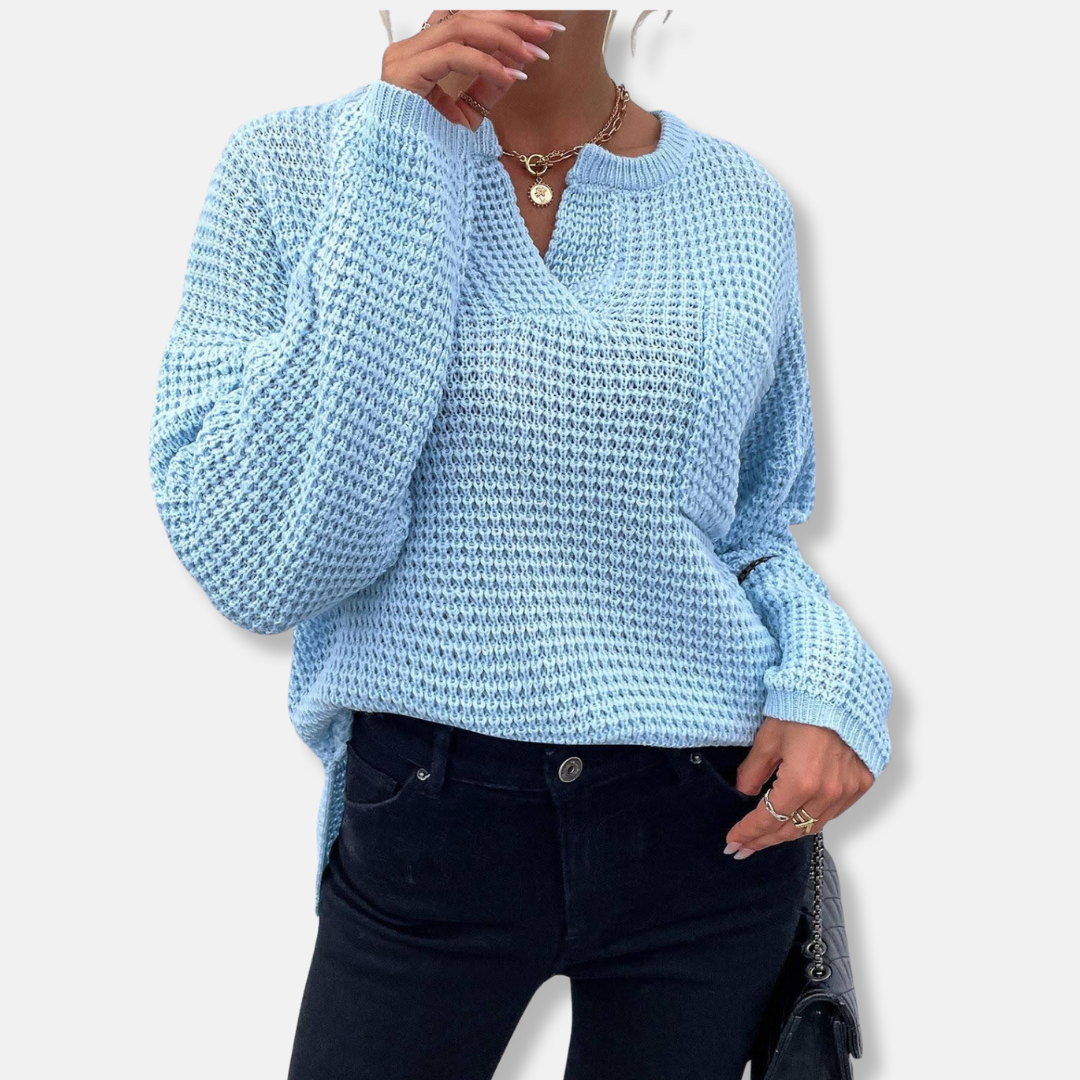Women’s Sweater - Waffle Knit - Relaxed Fit - Notched Round Neck - Long Cuffed Sleeve
