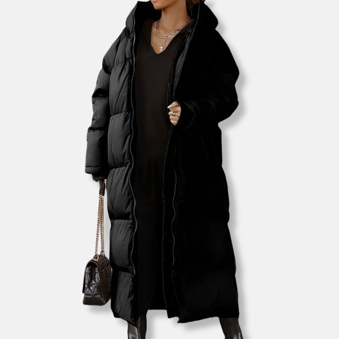 Women’s Long Coat – Oversized Fit – Quilted Padded Hooded – Full Length Zip Closure